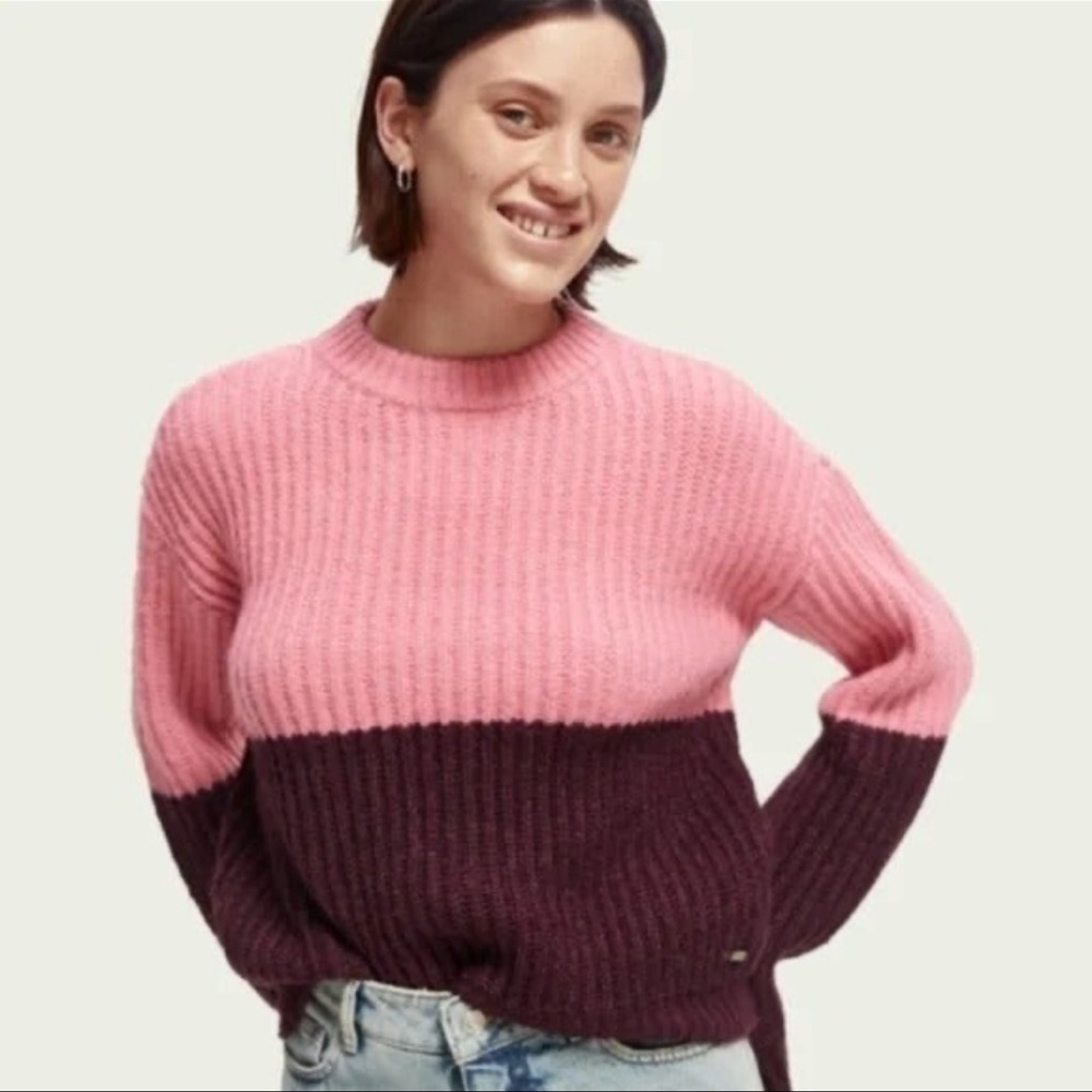 NWT SCOTCH & SODA CHUNKY KNIT COLORBLOCK PINK WOOL ALPACA BLEND SWEATER